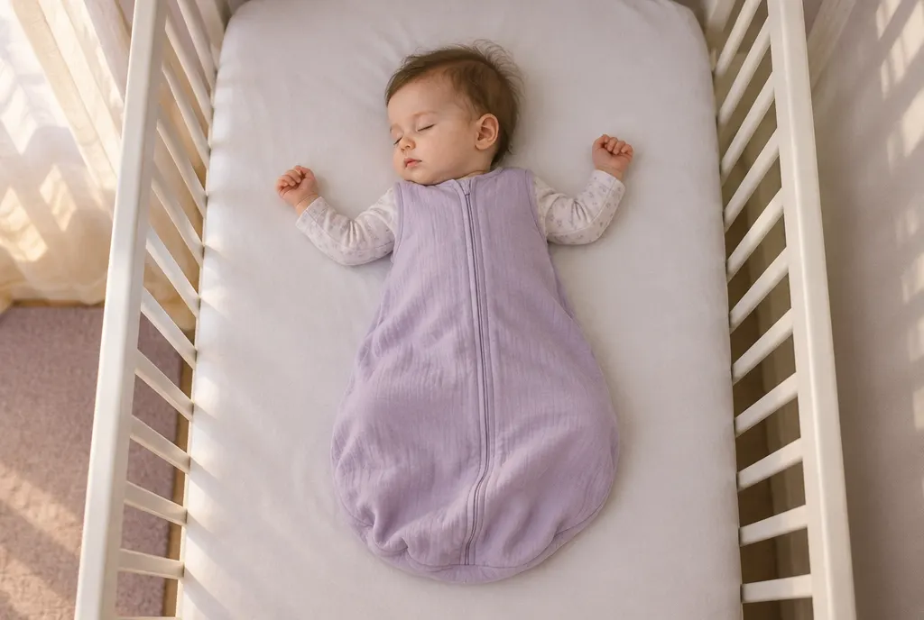 Bebé durmiendo boca arriba en su cuna, con saco de dormir