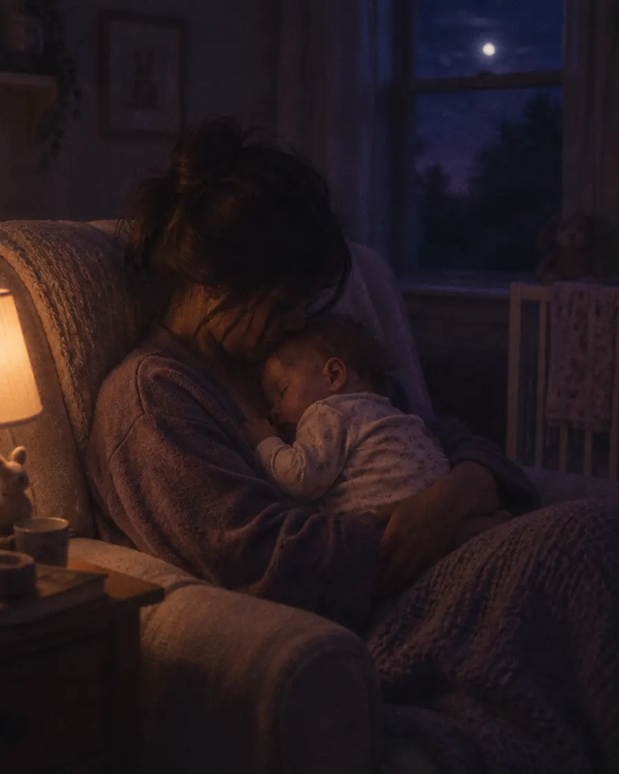 Una mamá de madrugada sostiene a su bebé dormido en brazos