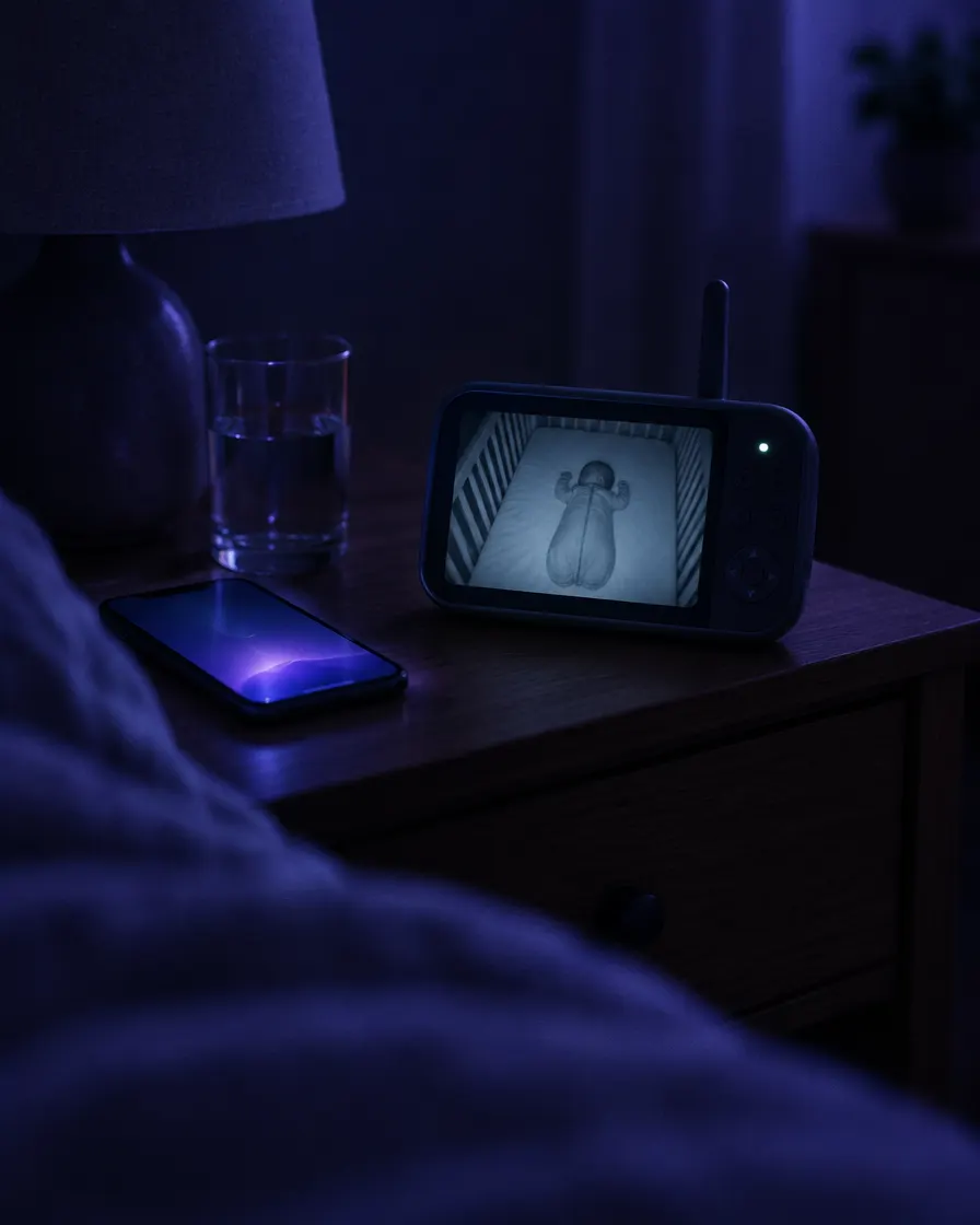 Mesa de noche con teléfono y monitor de bebé