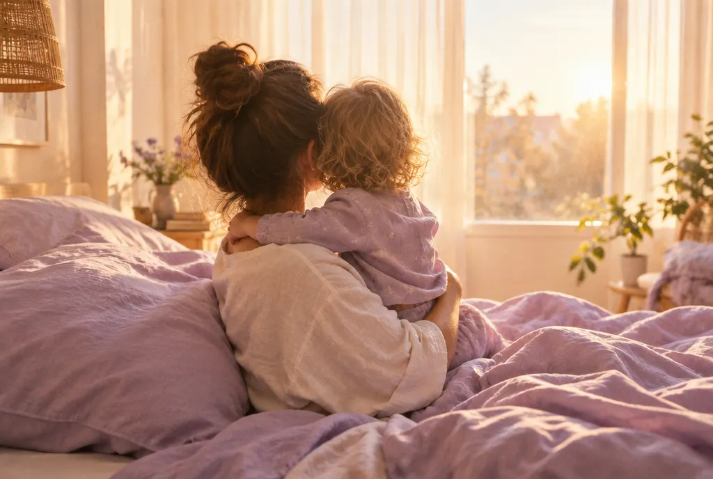 Mamá y su hijo en la cama con la luz del amanecer